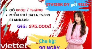 Đăng ký gói cước 3TV125K Viettel nhận ưu đãi 180GB kèm tiện ích giải trí liên tục 3 tháng