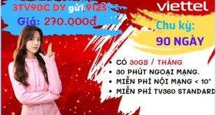 Đăng ký gói cước 3TV90C Viettel ưu đãi 90GB, free phút gọi, TV360 suốt 3 tháng