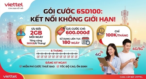 Gói Cước 6SD100 Viettel: Ưu Đãi 2GB/Ngày Trong 6 Tháng